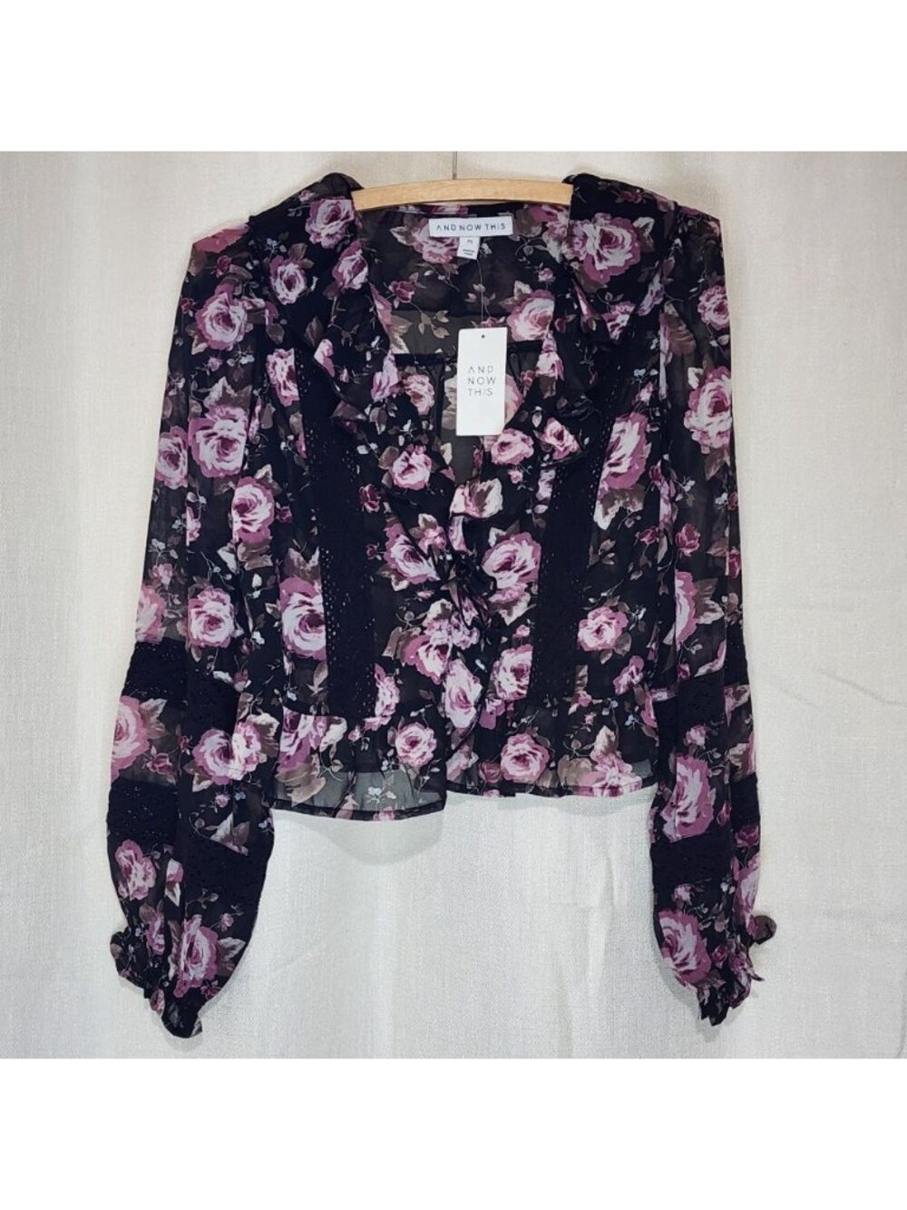 And Now This Women's Blouse Top Lace Sheer Long Sleeve Floral Size PS NWT
